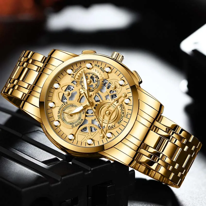 Cool Hollow Men Quartz Wristwatches Gold Luxury Waterproof Sports Watches Male Business Calendar Stainless Steel Man Watch Reloj