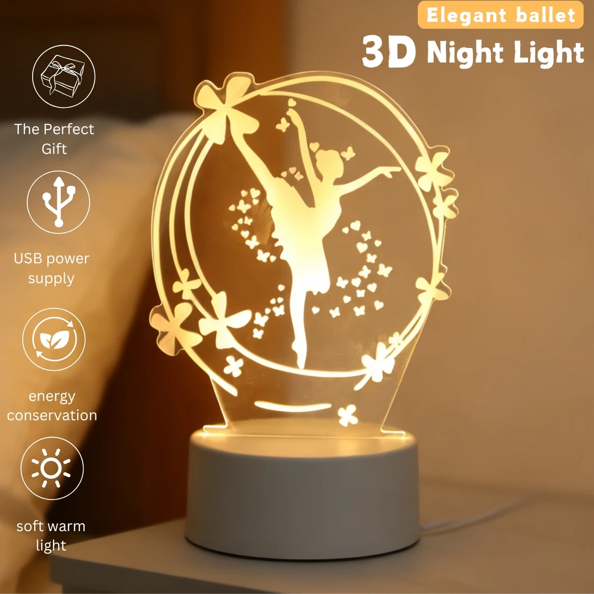 

3D ночник для балетной девушки - теплый свет USB, креативное украшение для стола и спальни, идеальный подарок для любителей балету