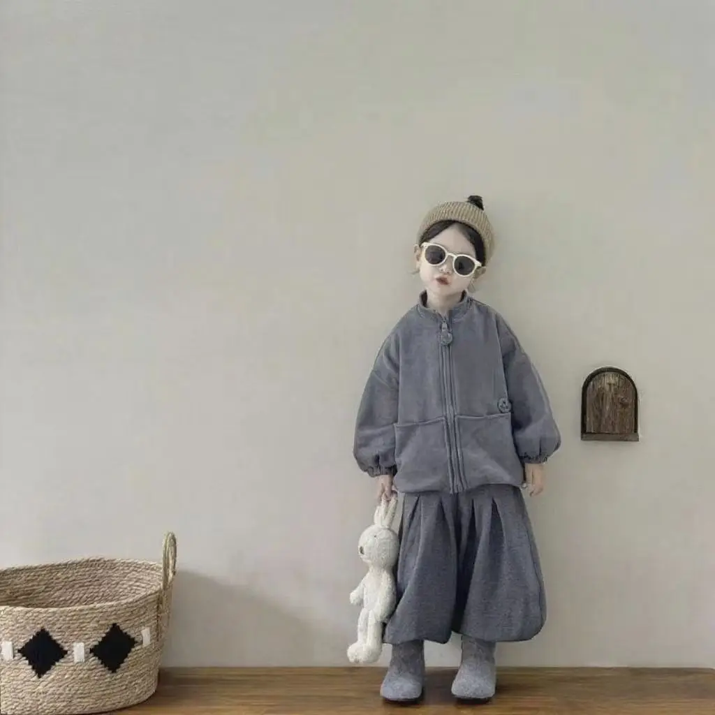 

Boys' and Girls' Clothing Set Autumn New Children's Forest Retro Lazy Style Coat+Pants Two Piece Set