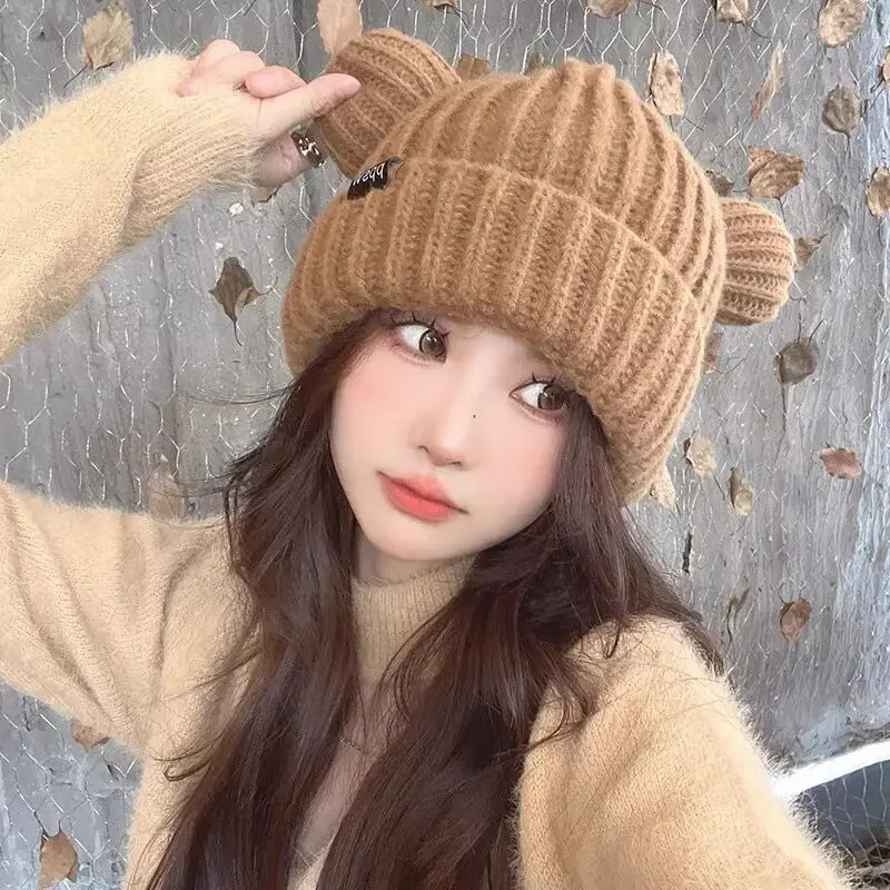 Y2K Bear Ears Thicken Hats Women Soft Harajuku Plush Ear Head Protection Cute Knitted Korean Wool Caps Cool Girl Handmade Beanie