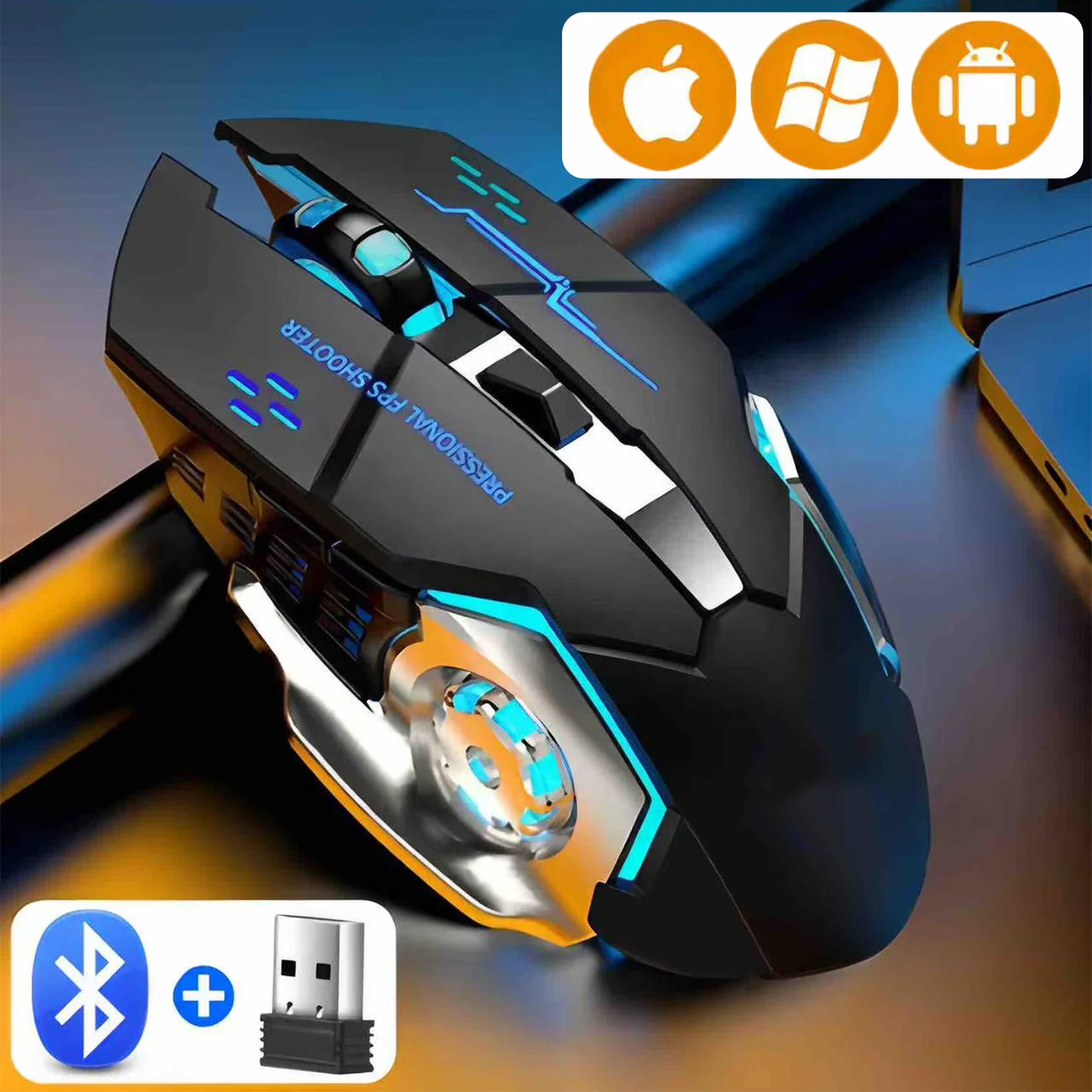 

S20 Dual-Mode Wireless Mouse, 2.4G/Bluetooth Electroplating Mechanical for MacBook Pro/Surface Pro, 2000DPI Backlit Rechargeable