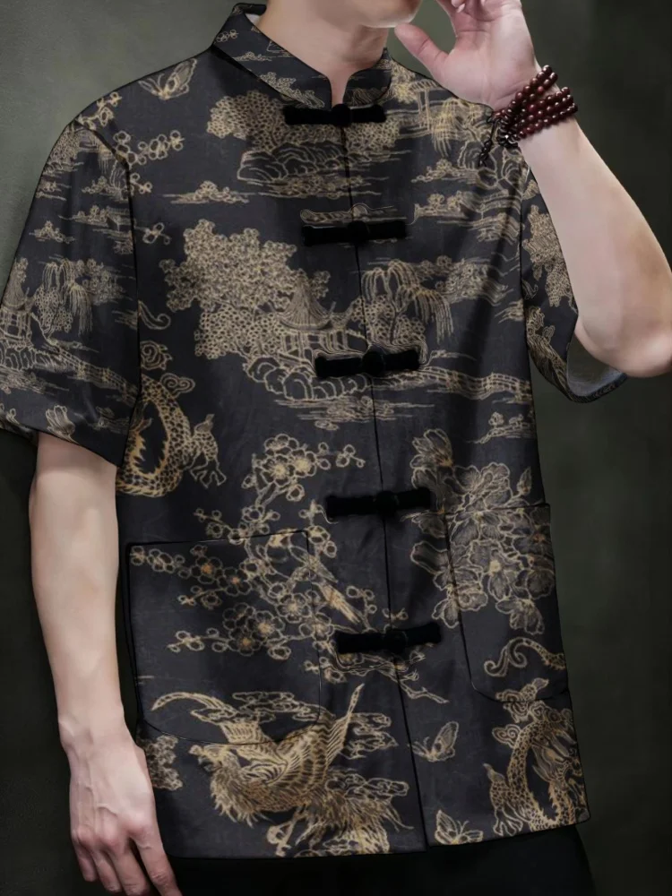 

Men's New Chinese Style Dragon Print Mandarin Collar Shirt, Traditional Frog Button Short Sleeve Tang Suit Casual Top