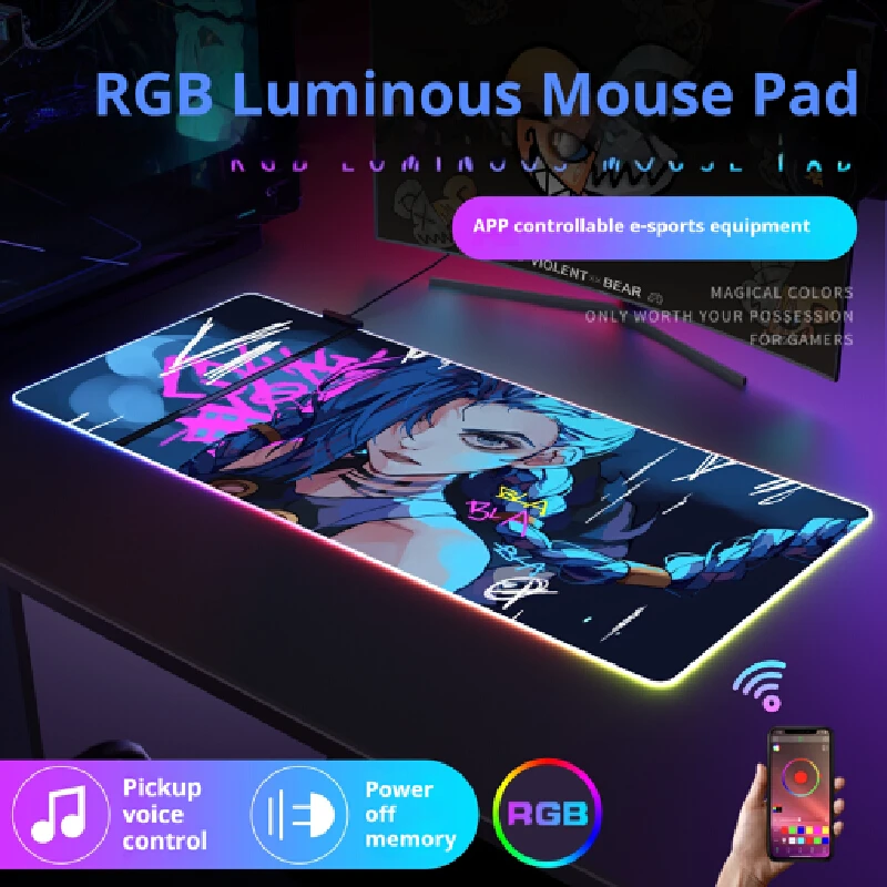 Rgb Luminous Mouse Pad 1pc Jinx League Of Legends Xxl Rgb Waterproof Gaming Mouse Pads HD Black Gamer Accessories Large Led