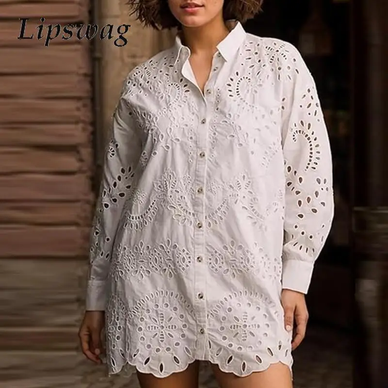 

Lady Hollow Out Lace Long Sleeve Cardigan Dress Simple Women Solid Blouse Embroidery Retro Single Breasted Shirts Temperament