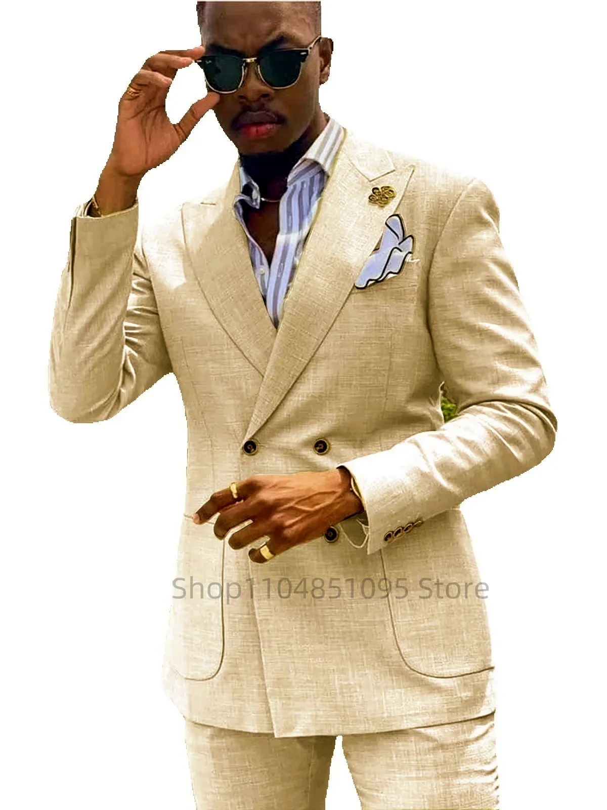 عادية الصيف الكتان سليم صالح الدعاوى للرجال مزدوجة الصدر بلغت ذروتها التلبيب رجل 2 قطعة الزي مجموعة الحلل مع السراويل بدل زفاف #2