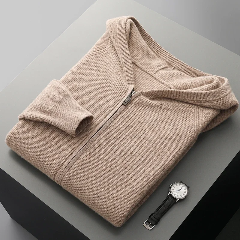 Giacca lavorata a maglia con cappuccio maglione di cashmere cerniera spessa felpa casual con cappuccio cardigan maglione da uomo