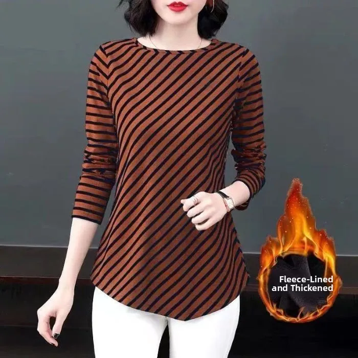 plus Size Women's Fleece Lined Long Sleeve T-Shirt Striped Loose Slimming Base Layer Shirt Top Casual Style Standard Fit Poly...