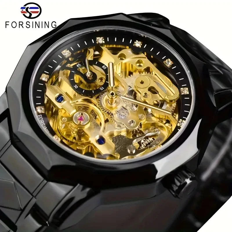 Luxurious and Sophisticated Mechanical Automatic Men's Watch - Featuring a Hollow Design with Diamond Embellishments, Round Alloy Dial, Stainless Steel Strap, 30m Water Resistance, Business-Style Timepiece - Ideal Gift, No Battery Needed