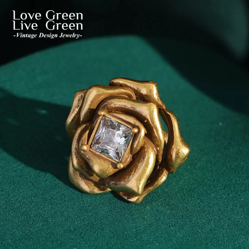 

Vintage Square Cubic Zirconia Ring Gold Color Engagement Rose Flower Camellia Woman Antique European Accessories 2025 Trends