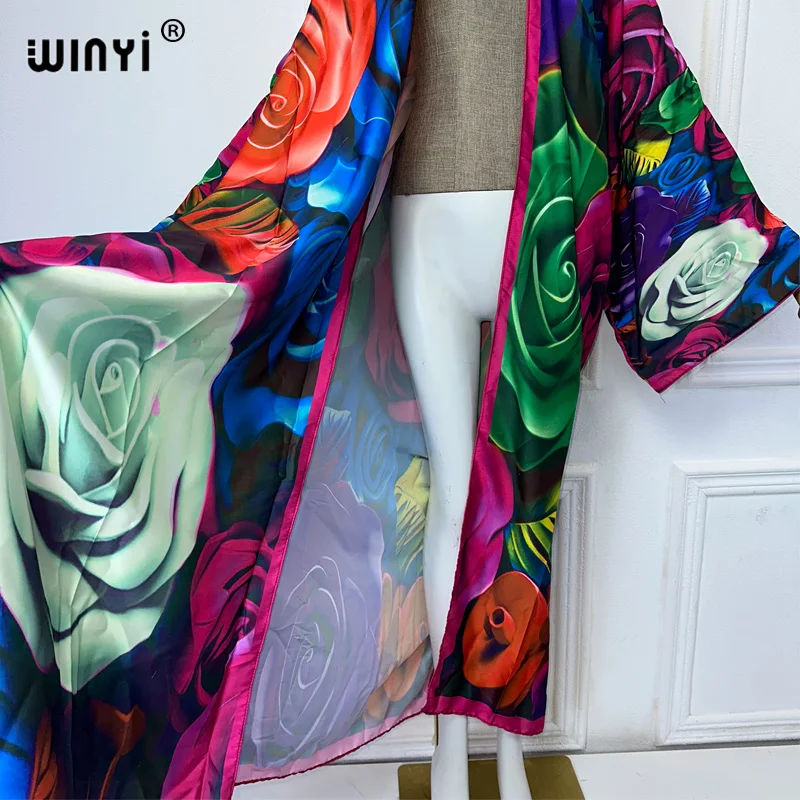 WINYI Africa Digital print Kimono african dresses for woman Cardigan beach outfits kaftan beach cover up evening dress maxi coat