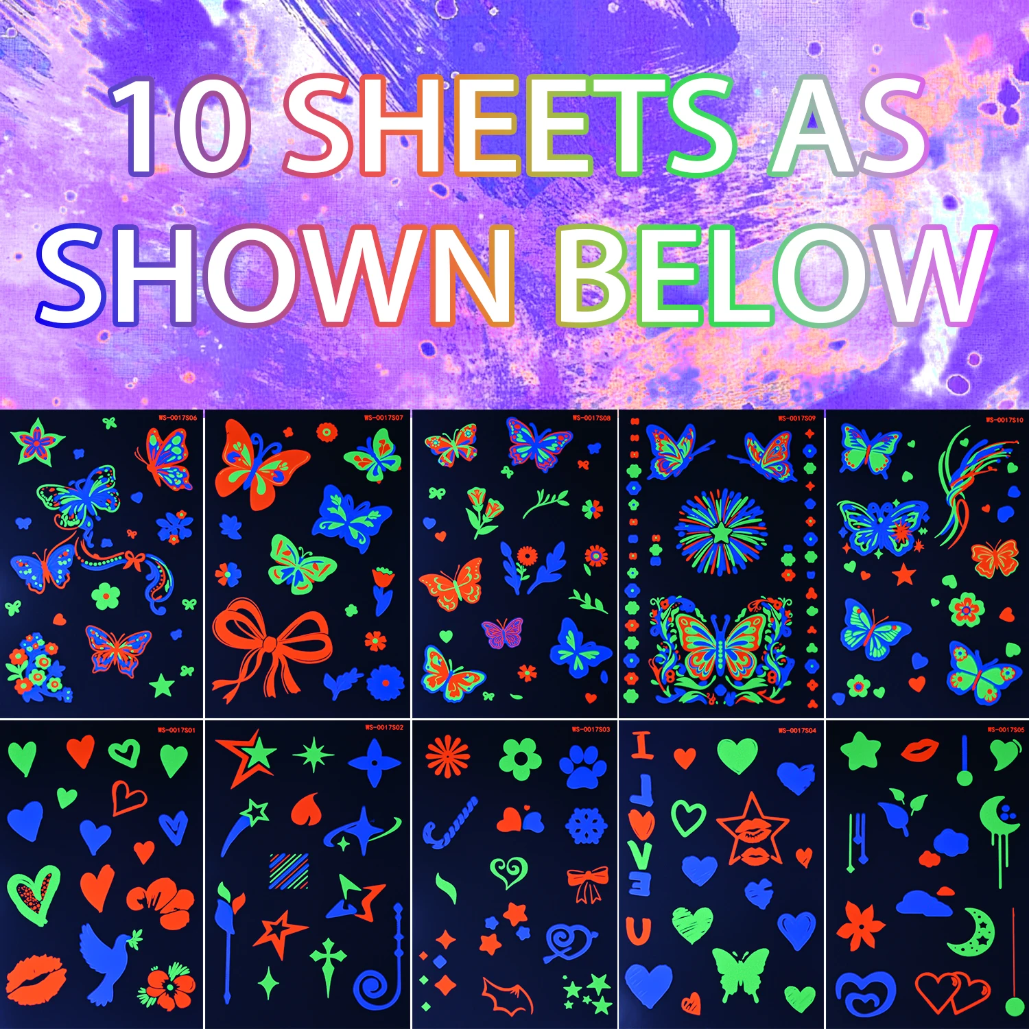 10Pcs Luminous Glow UV Tattoo Stickers, Cute Animal Face Planet Pineapple Rainbow Star Guitar Design Body Art Temporary Tattoos