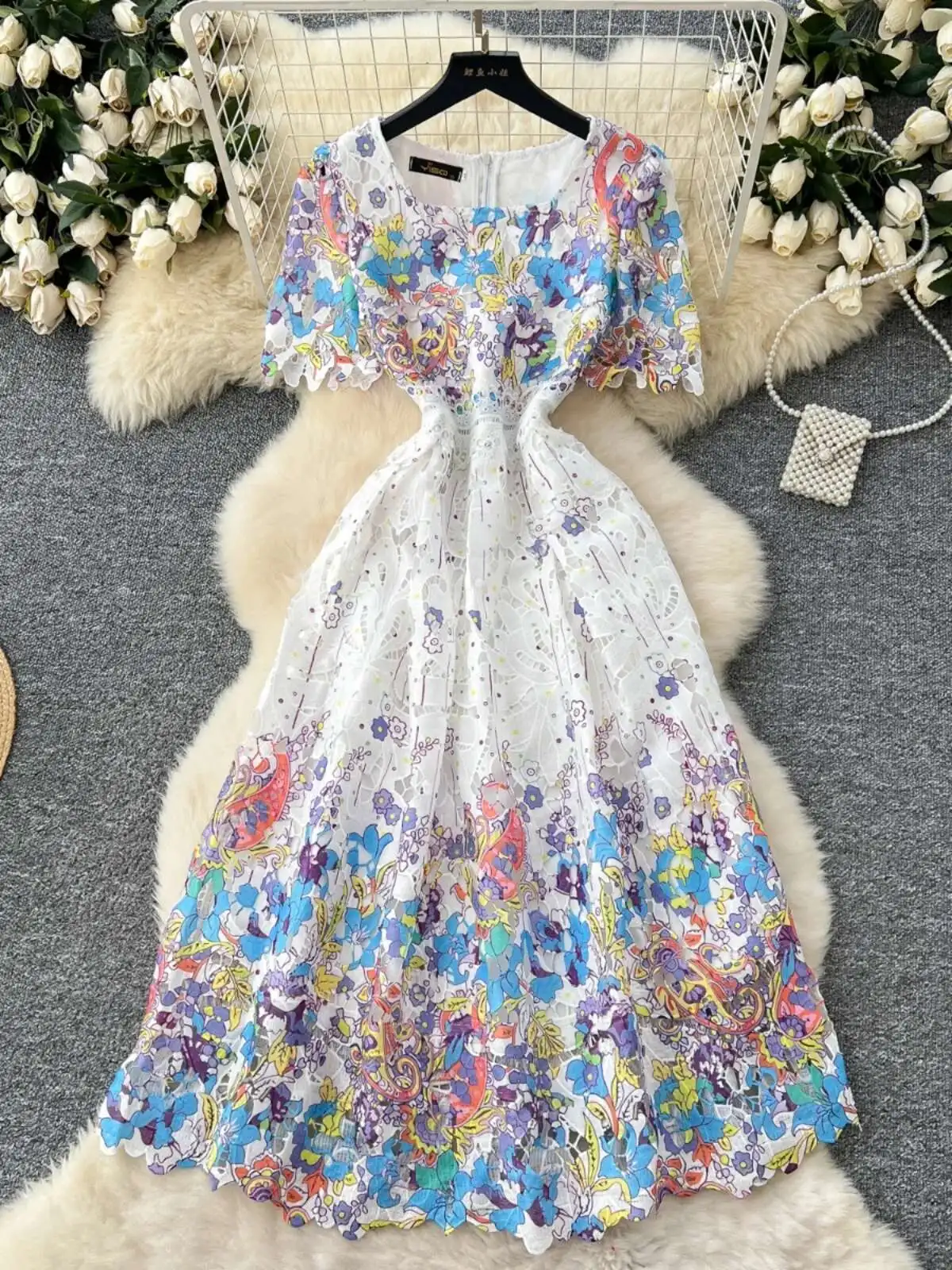 Elegant Flower Embroidery Hollow Out Lace Evening Dresses Women Summer Short Sleeve Princess Retro Midi Long Party Dress Gradien