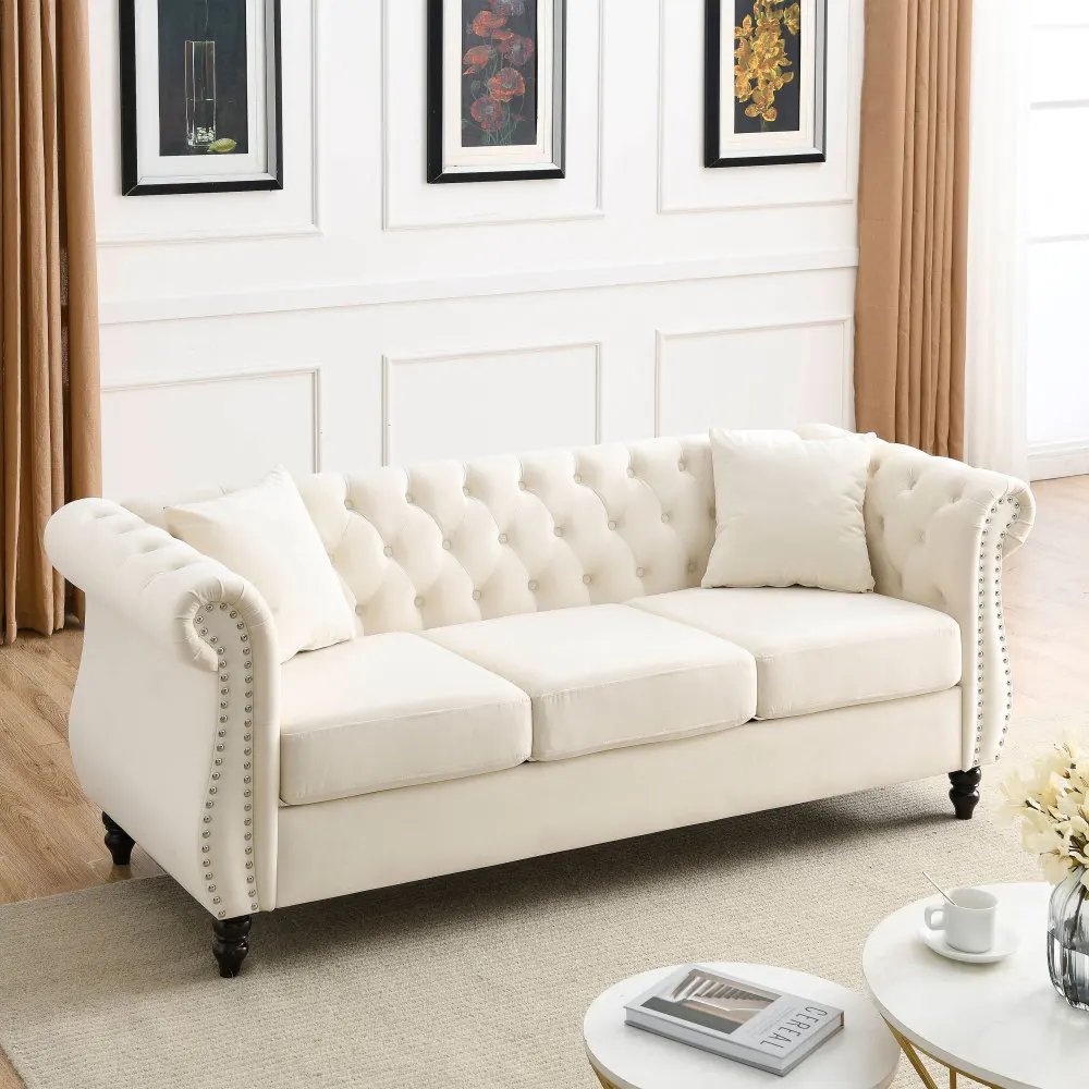 

80" Chesterfield Sofa Beige Velvet for Living Room, 3 Seater Sofa Tufted Couch with Rolled Arms
