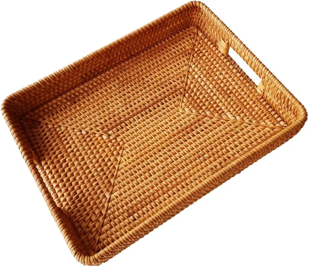

17 Inch Oversize Handmade Rectangular Serving Tray with Cutout Handles, Rattan Woven Storage Basket for Bread and Fruits