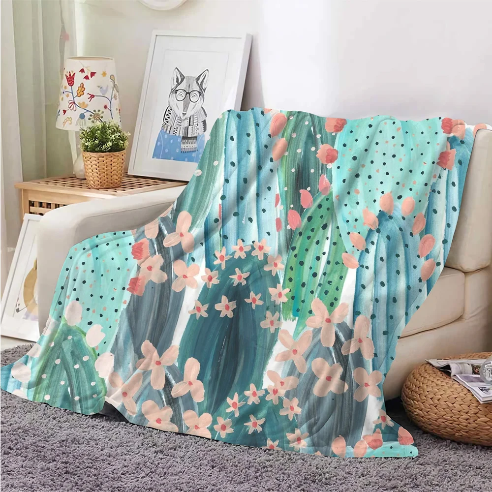 

HX Newest Flannel Blankets Desert Cactus Little Floral Art Painting 3D Printed Throw Blanket for Sofa Office Nap Quilts