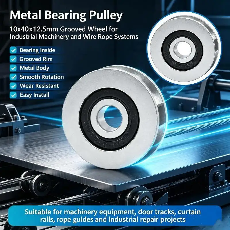 U Groove Bearing Pulley 1Pcs 10*40*12.5mm Wear Resistant Grooved Wheel for 8mm Wire Rope Industrial Cable Guidance