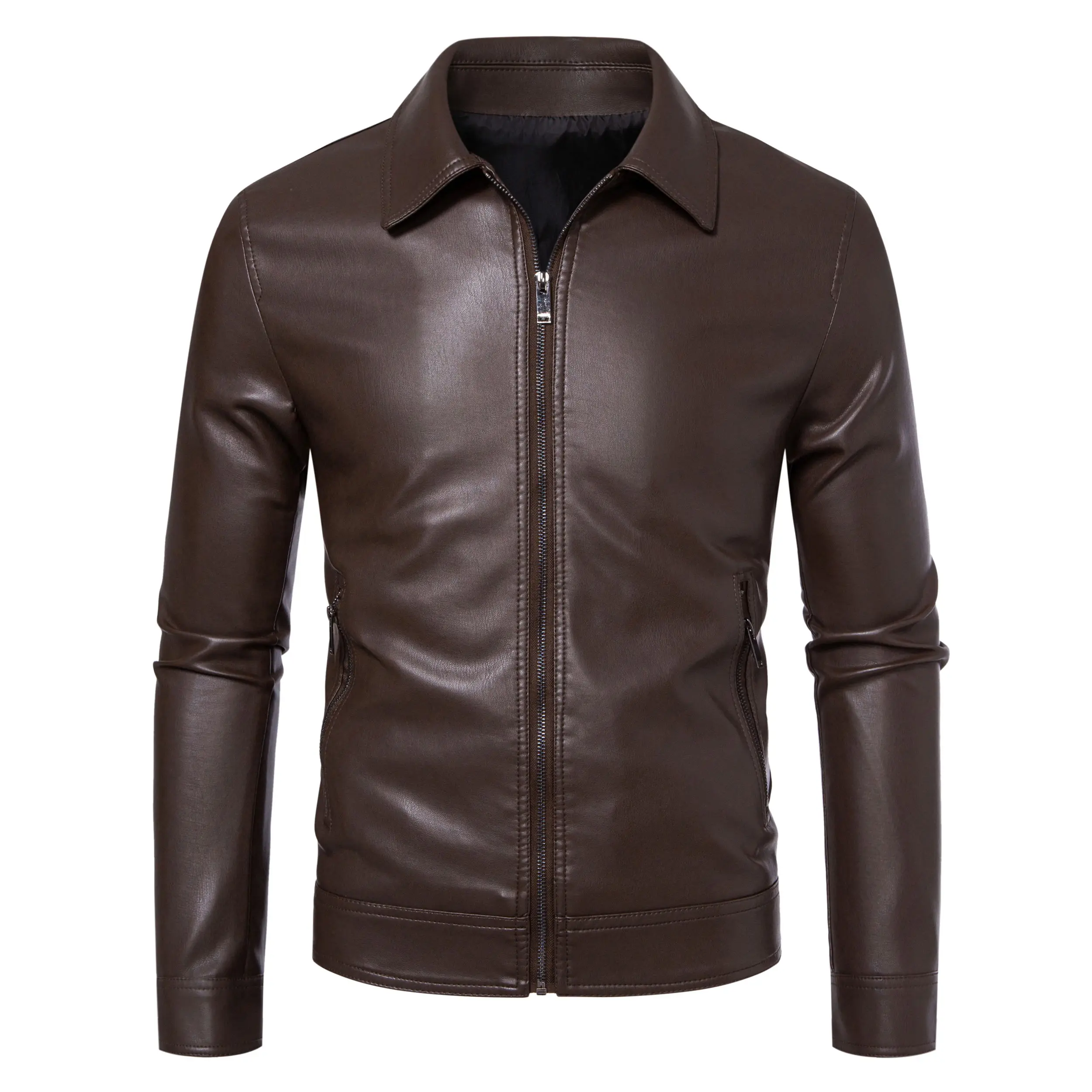 

Men's solid color lapel leather jacket Business casual slim fit Faux leather jacket