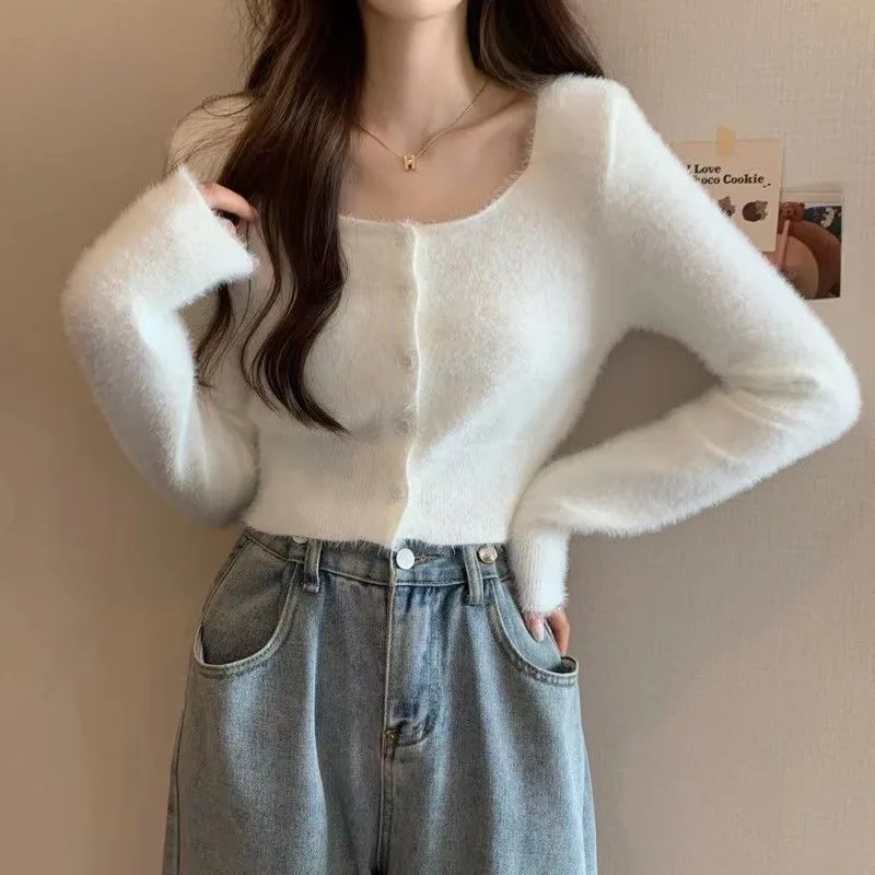 Square Collar Long Sleeve Mink Fur Shirt, Lazy Style, Autumn An Winter Soft Short Fit, Versatile Top, Small Coat, Women's