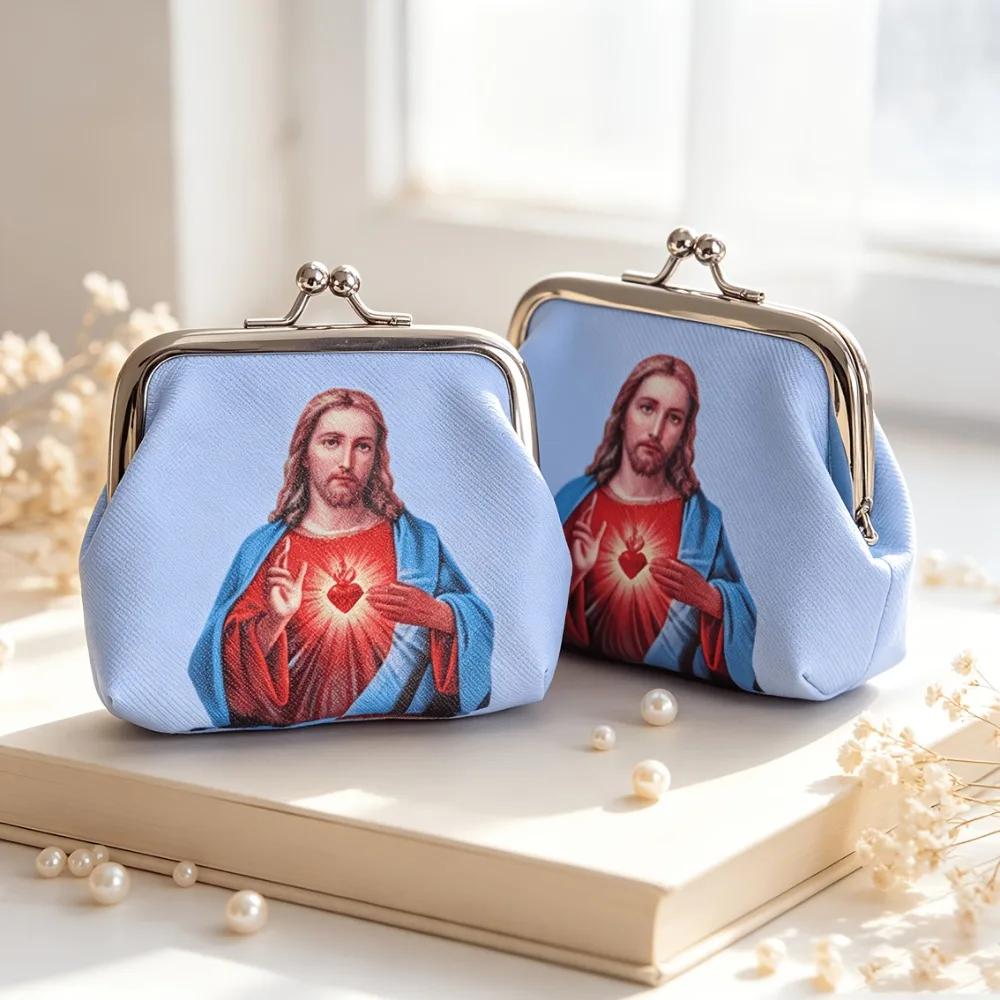 2‑12 Pcs Sacred Heart Jesus Kiss‑Lock Coin Purse Prayer Card Storage Pouch Baptism Church Wedding Religious Party Favor Gifts
