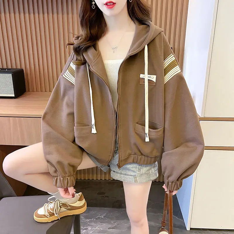 Novo Jaqueta curta com capuz feminino com zíper cardigan versátil topo na moda