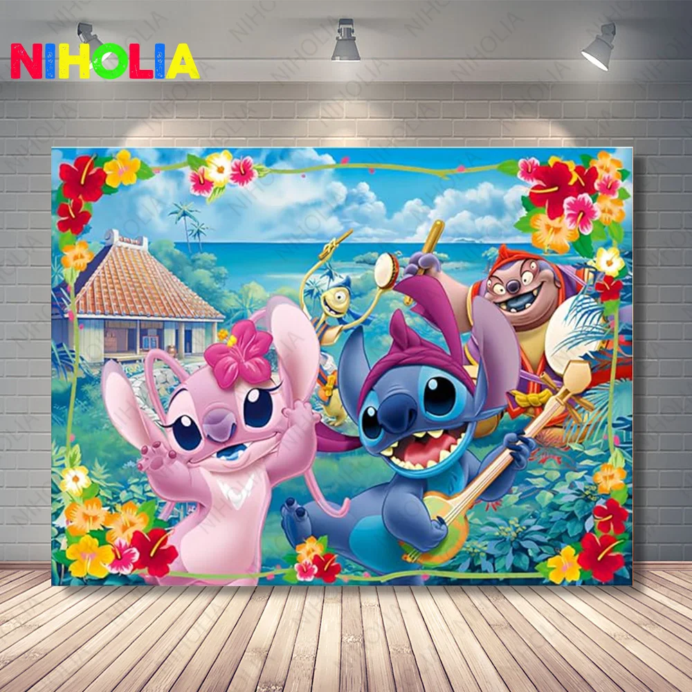 Disney Lilo & Stitch latar belakang anak, foto pesta ulang tahun, dekorasi, fotografi, bunga laut, latar belakang, spanduk Prop mandi bayi