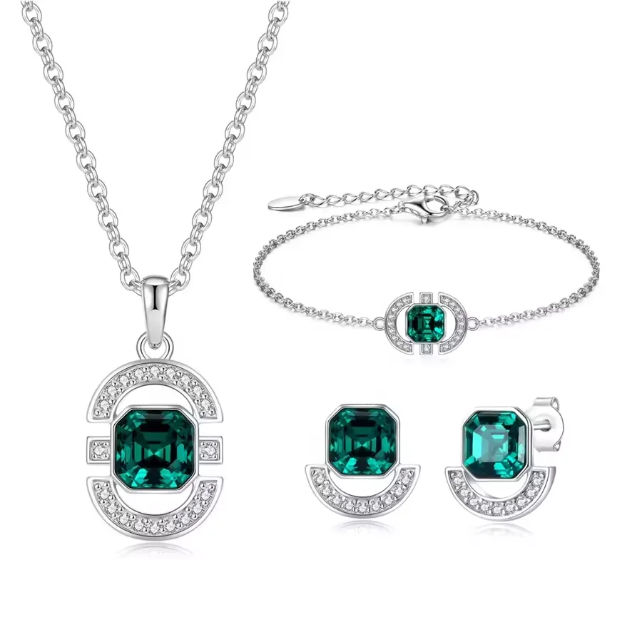 Luxury Customized Jewelry Sterling Silver Necklace Jewellery Set Emerald Crystal New Arrival 925 Silver Set Women