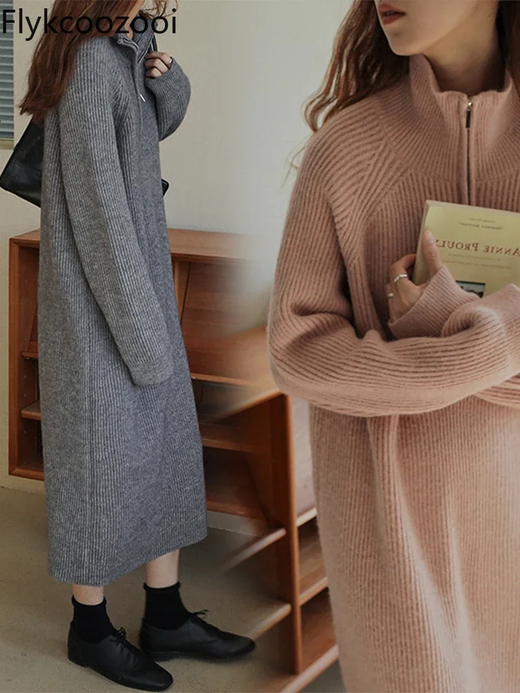 

Pink Base Sweater Dress Womenn Autumn Winter 2024 New French Knit Long Sleeve Robe LOOSE FIT Viscose Women Dress