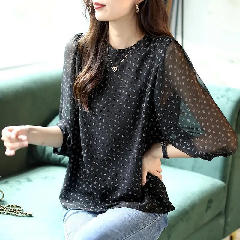 Vintage Printed O-Neck Puff Sleeve Oversized Chiffon Shirt Summer New Casual Pullovers Loose Commute Fashion Woman Blouses 2022