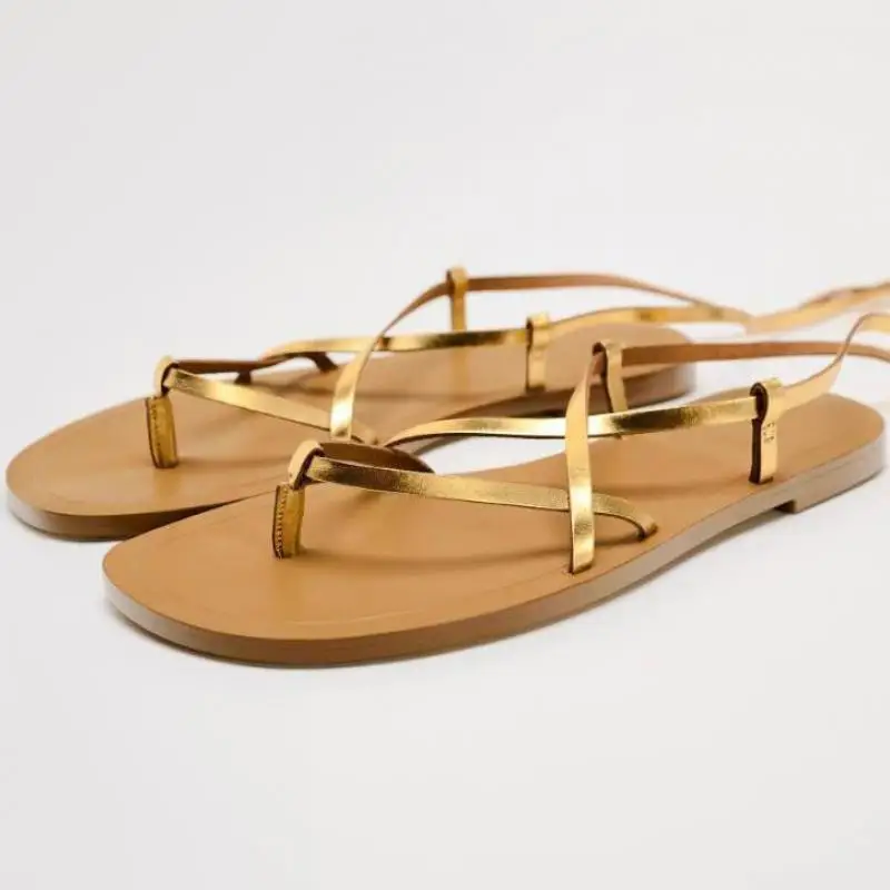 2024 Summer New Fashion Flats Sandals Women Shoes Gold Flat With Women\'s Holiday Beach Flip Flops Shoe Ankle Strap Sandalias