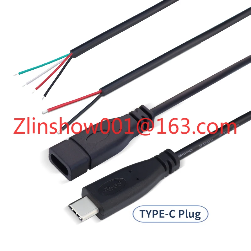 Customize 2 Core 4 Core USB Type C Male Female Plug Stripped Wire Type C to Open End Pigtail Cable