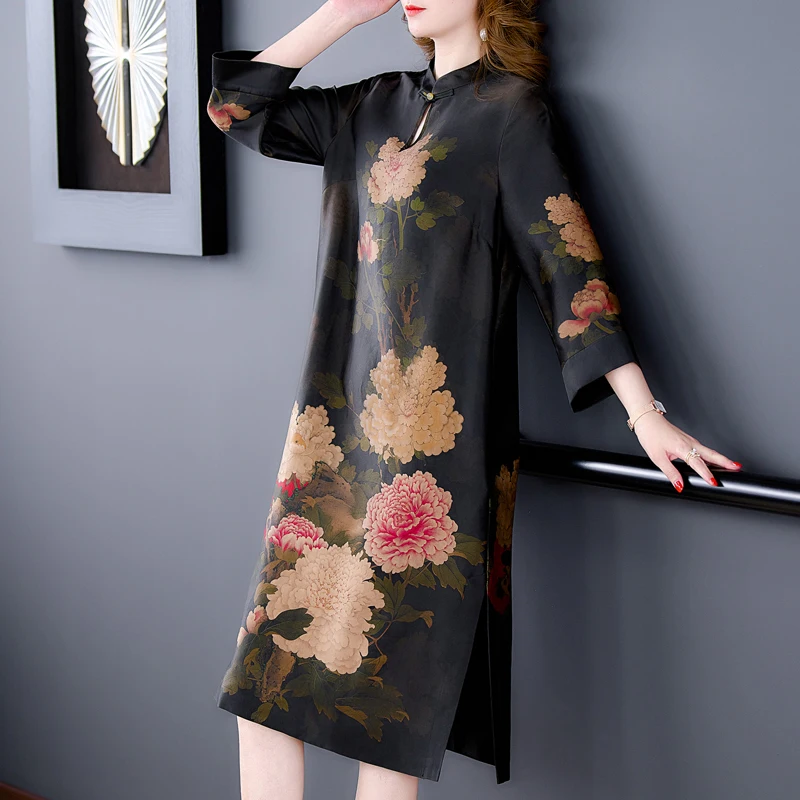 Women Black Korean Vintage Casual Midi Dress Spring Summer Floral Natural Silk Satin Dress 2024 Elegant Bodycon Evening Dress