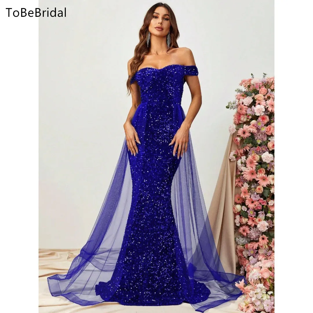 

Sparkling Sequin Evening Dresses Sexy Off the Shoulder Short Sleeve Wedding Party Dress Formal Cocktail Ball Robe Customized