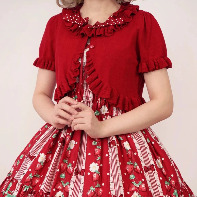 Sweet Lolita Princess Summer Bolero Cardigan Women Ruffle Trim Polka Dot Bowknot Puff Sleeve Crop Kawaii Tea Party Daily Outfit
