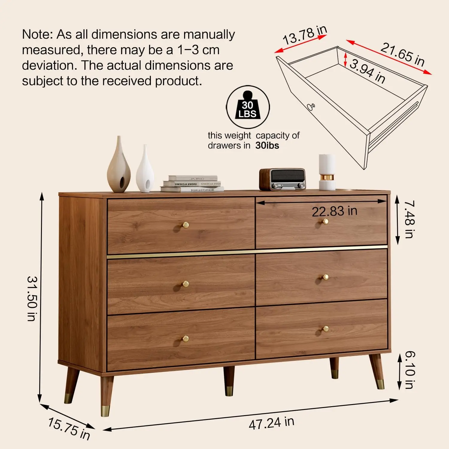 6 Drawer Dresser with 4 Foldable Drawer Dividers,47