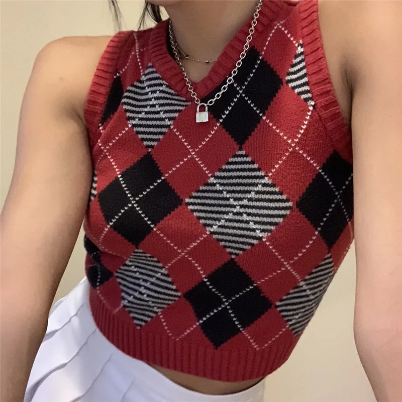 New spring autumn women\'s solid color plaid folded wear sweater sleeveless V-neck knitted vest