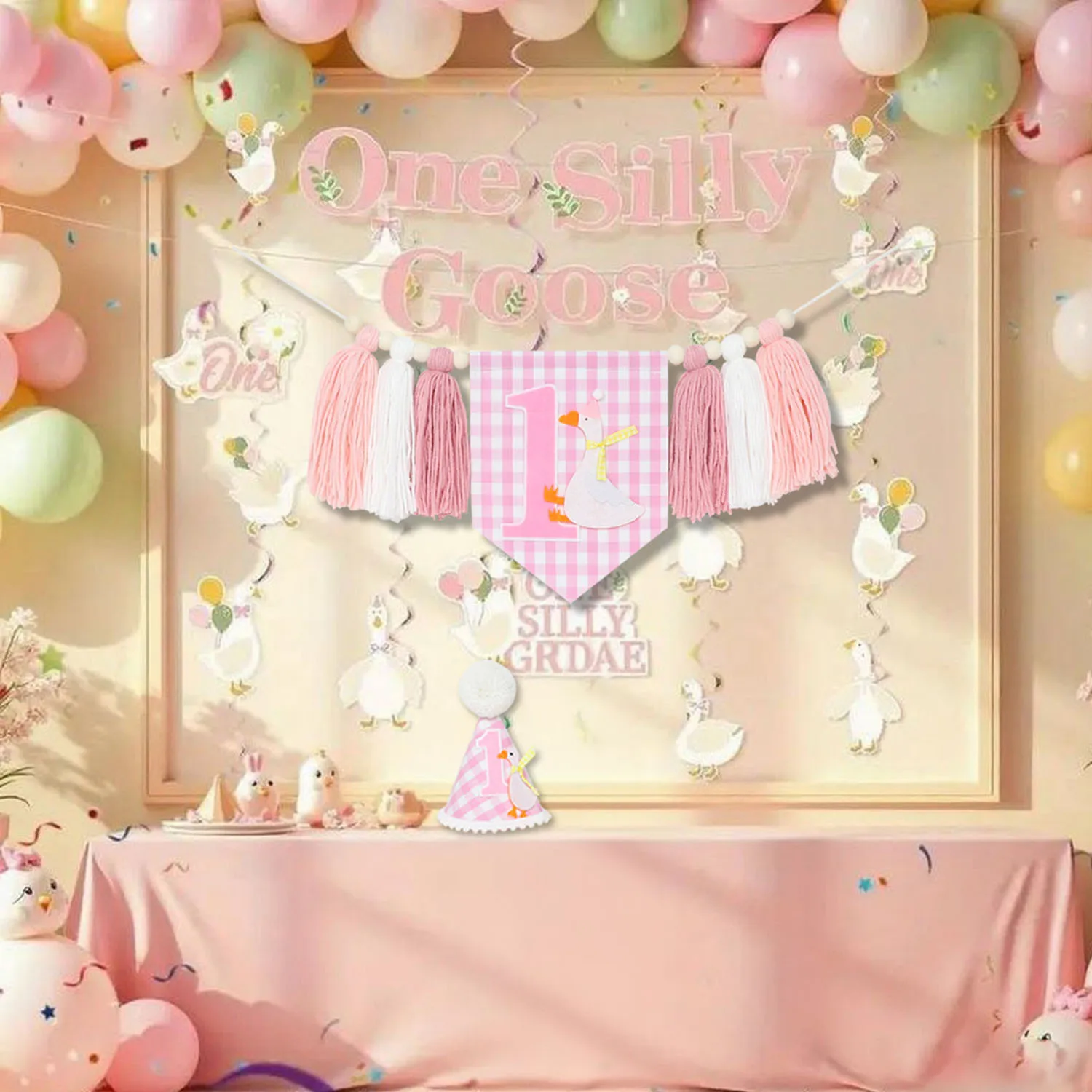 1. Geburtstag Hochstuhl Banner Gans Thema Blaue Ginghams Quaste Banner Hut Foto Requisite für Junge Mädchen Geburtstag Party Dekorationen – Detail 1
