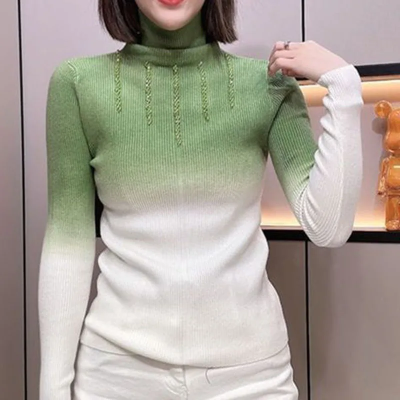 Gradient Turtleneck Sweater Women High Elasticity Soft Knitwear Female Pullovers Long Sleeve Casual Base Sweater