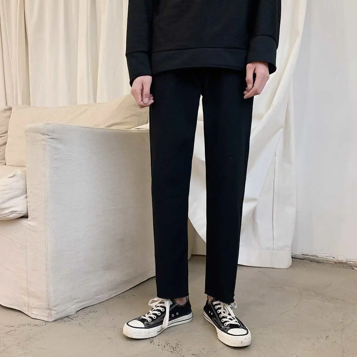 Black Slim Fit Straight Leg Jeans Men's Nine Points Loose Popular Korean Style Trendy Students Casual mid Waist Zipper