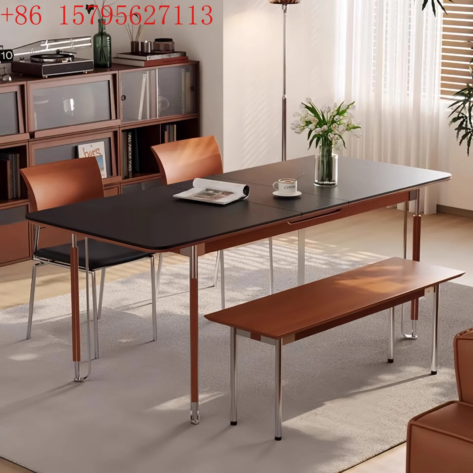 Solid wood rock slab dining table household small apartment rectangular dining table stainless steel medieval