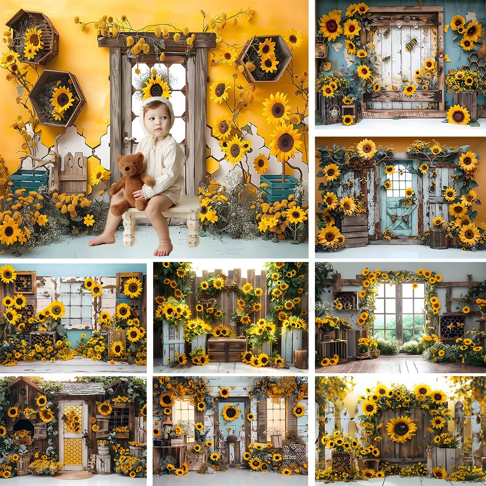 

Sweet Sunflower Girl Cake Smash Background Warm Yellow Wall Wooden Door Backdrop Decor Kids Birthday Cake Smash Party Booth