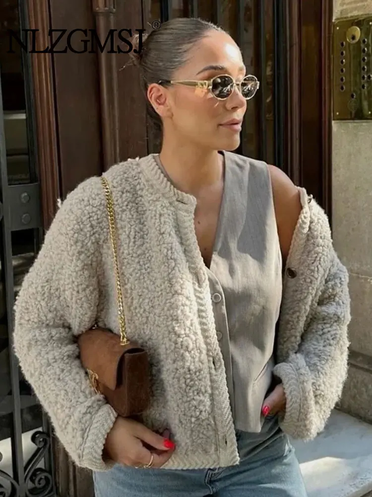 TRAF-suéter de punto de hilo de rizo para mujer, cárdigan, abrigos de una sola botonadura, Vintage, cuello redondo, Tops informales delgados, otoño