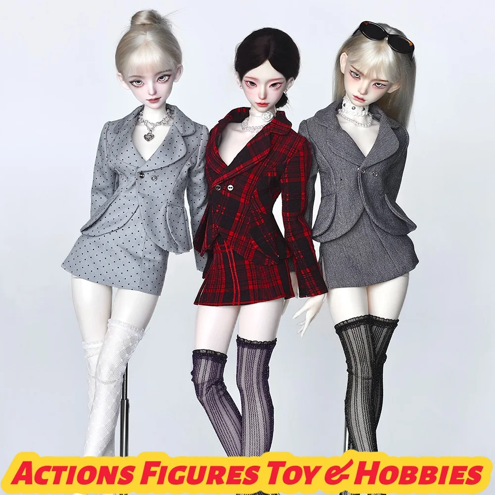 

1/4 Scale BJD Dolls Slim Suit Set Classical Plaid Turndown Collar Short Coat and Side Slit Mini Skirt for 4-point Toys DIY