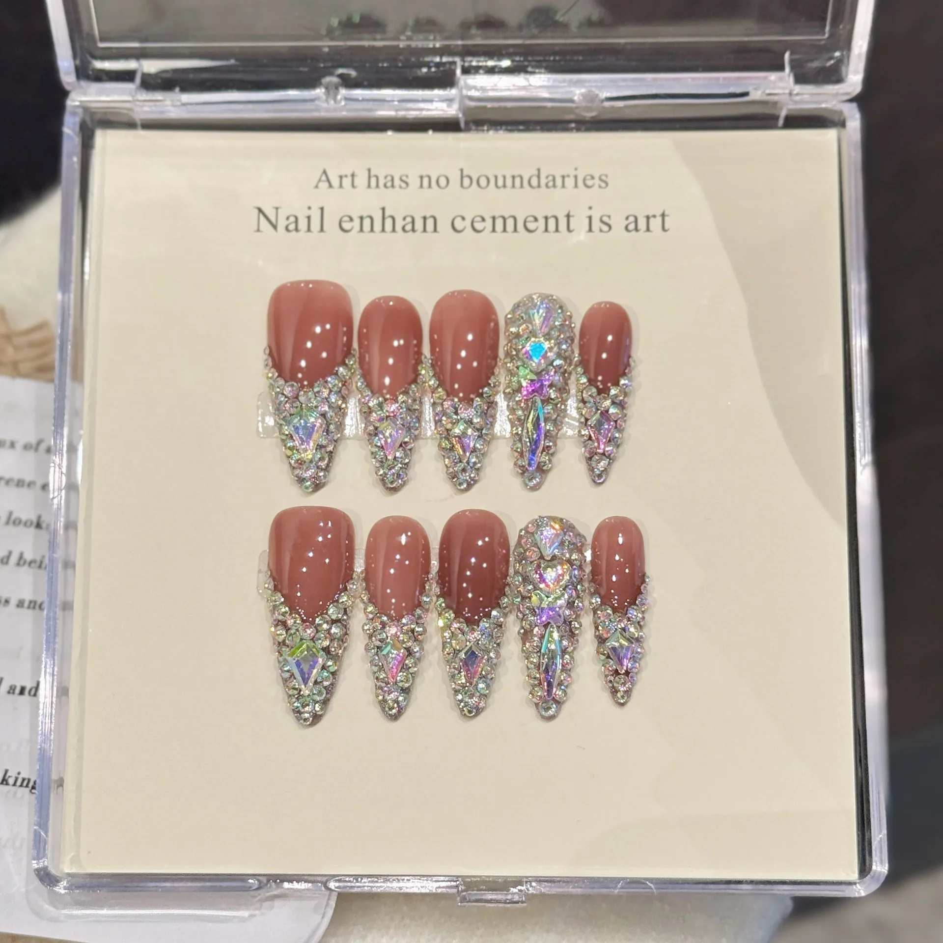 10pcs Rhinestones Handmade Press On Nails Long Pointed Fake Nails Colorful Full Diamond Decor Wearable French Flash False Nails