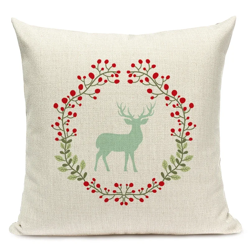 Christmas Deer Wreath Print Cushion Cover  Merry Christmas Decoration Pillow Case for Home decor Xmas New Year Gift