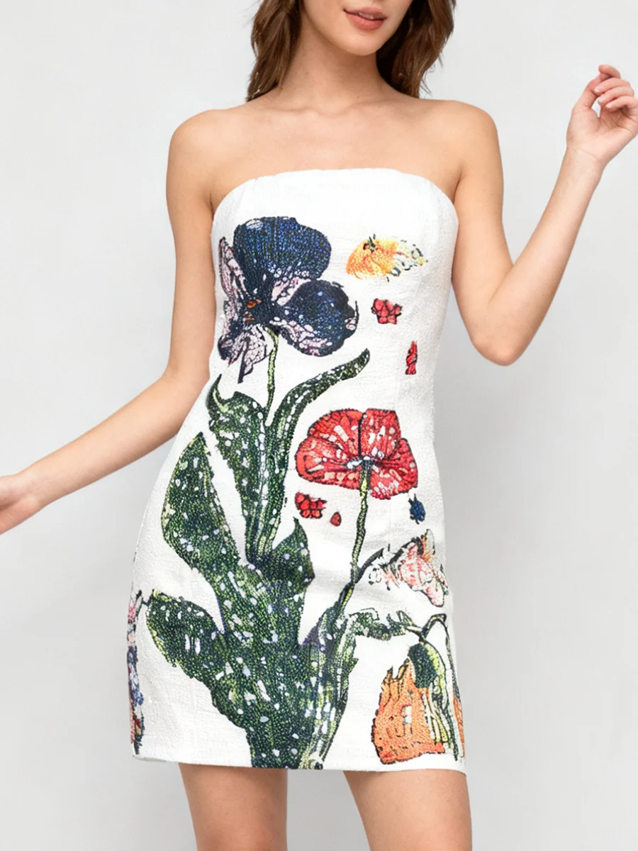 فستان قصير على طراز الحفلات مطبوع عليه ترتر VGH للنساء بدون حمالات بدون أكمام بخصر عالٍ فستان نسائي صيفي 2026 عصري