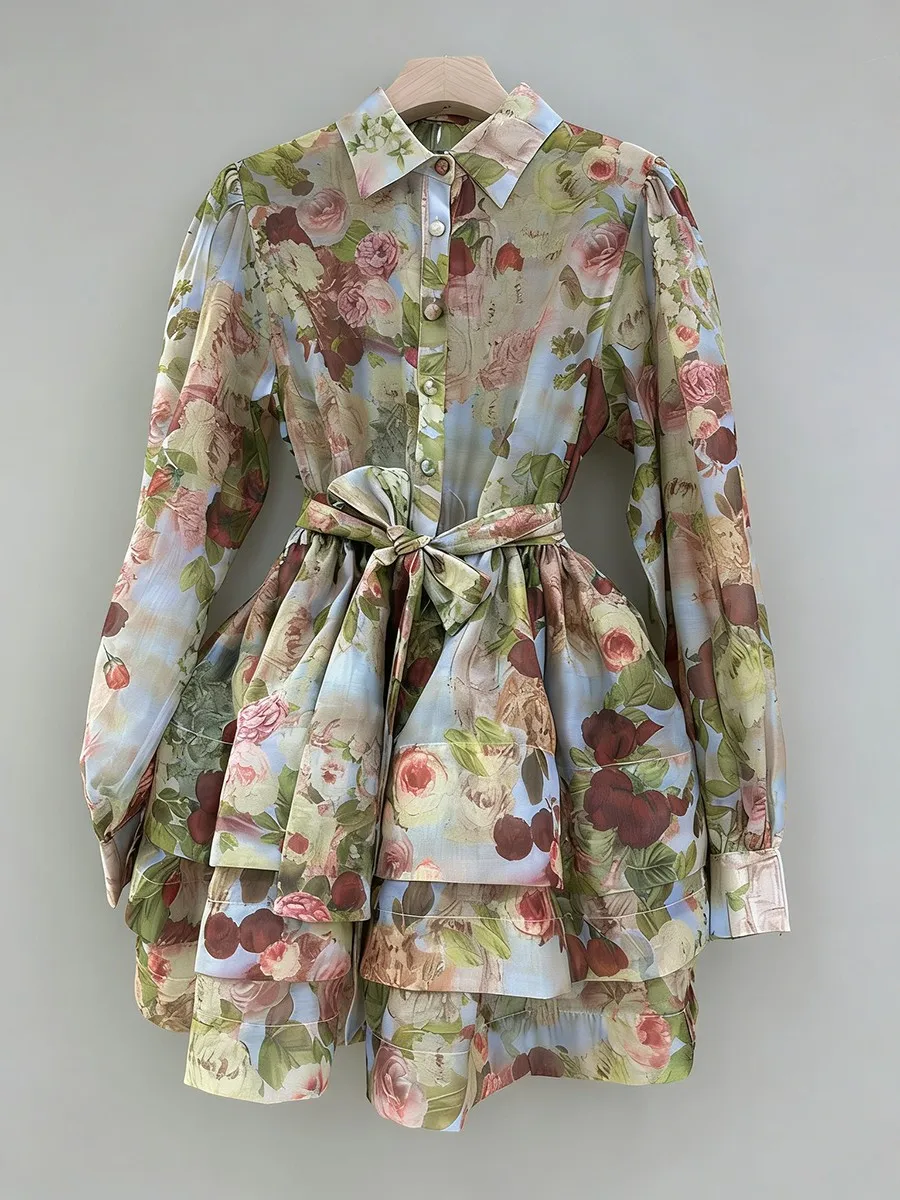 TWOTWINSTYLE 프린팅 시스루 레이스업 빈티지 드레스 여성용 라펠 긴 소매 패치워크 러플 드레스 여성 의류