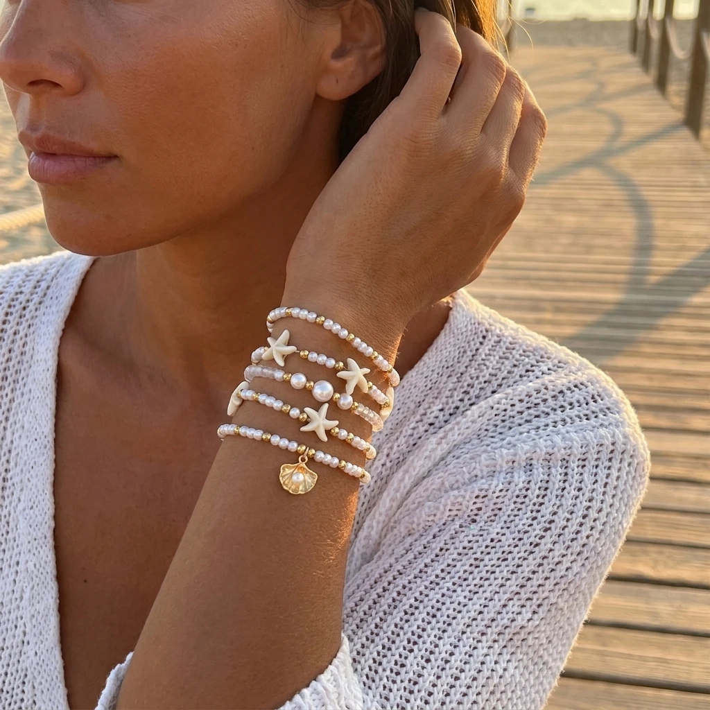 Multilayer Shell Imitation Pearl Elastic Bracelets Set for Women Elegant Starfish Stackable Woven Chain Party Jewelry Gift