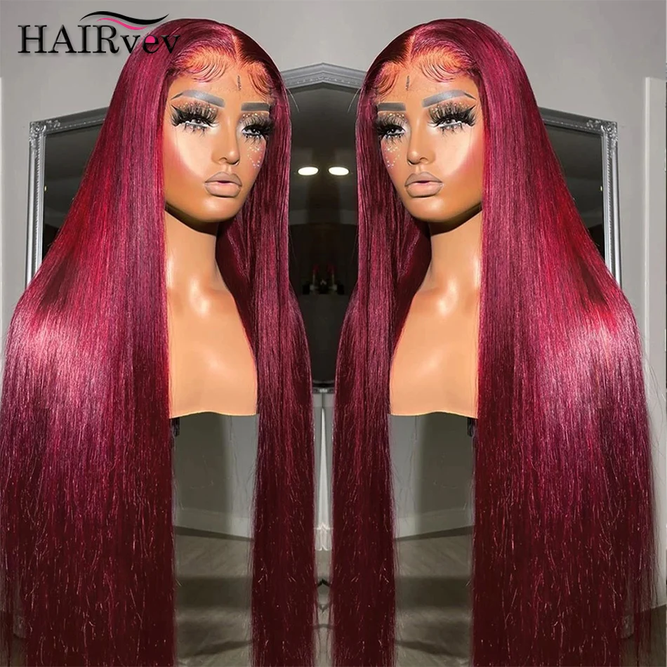 

99J Burgundy 13x4 Straight Lace Frontal Human Hair Wigs Remy Brazilian Red Colored 13x6 HD Transparent Lace Front Wigs For Women