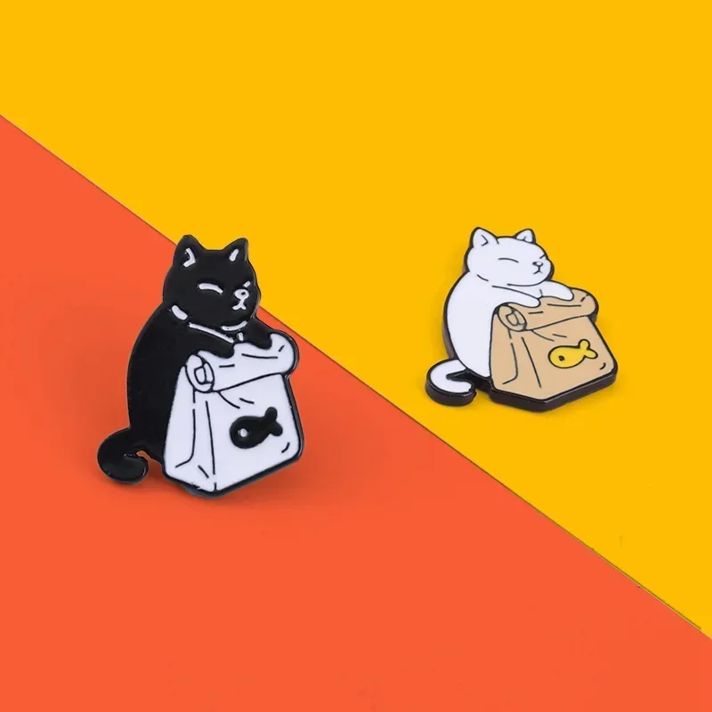 2PCs Cute Black White Cat Brooch Cartoon Animal Lapel Pin Jewelry Gifts Badge Clothes Backpack Accessories image 3