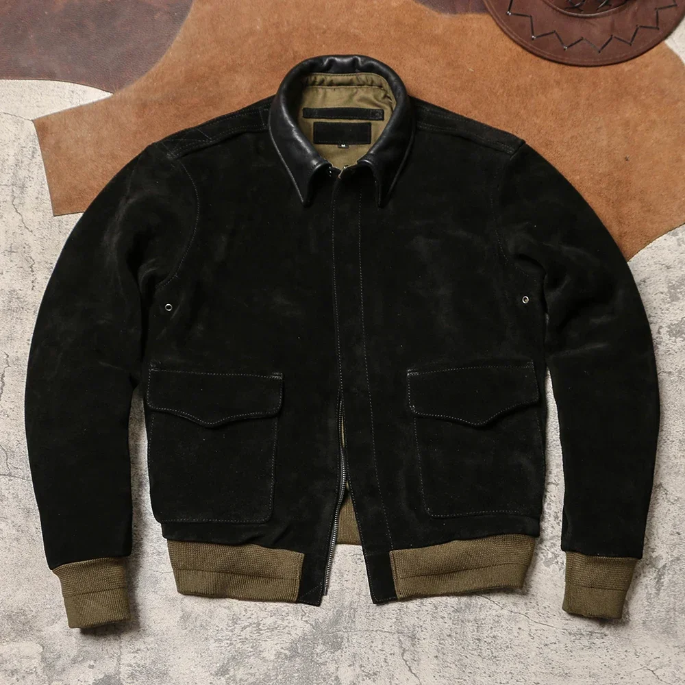 Blunt Razor Escape A2 Short Leather Jacket, Heavy-duty Retro Pilot Leather Jacket, Oily Suede Cowhide Collar Jacket